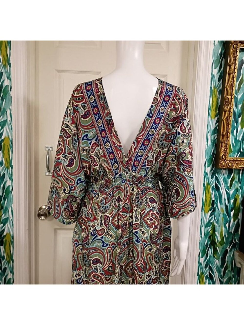 Earthbound Paisley Print Maxi Dress Boho V-Neck Elastic Waist XL - Picture 11 of 14